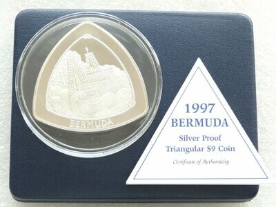 1997 Bermuda Triangular $9 Silver Proof 5oz Coin Box Coa