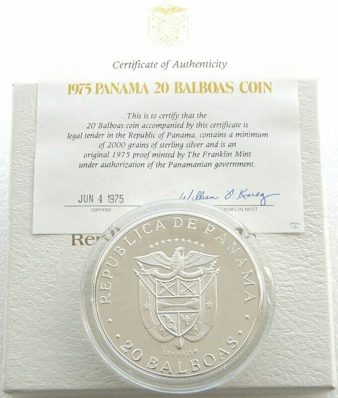 1975 Panama Simon Bolivar Large 20 Balboa Silver Proof Coin Box Coa