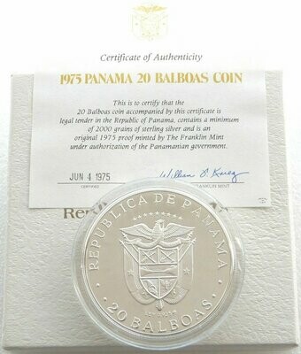 1975 Panama Simon Bolivar Large 20 Balboa Silver Proof Coin Box Coa