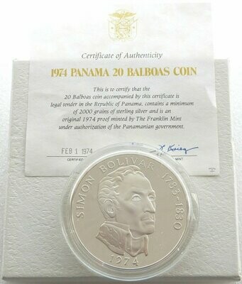 1974 Panama Simon Bolivar Large 20 Balboa Silver Proof Coin Box Coa