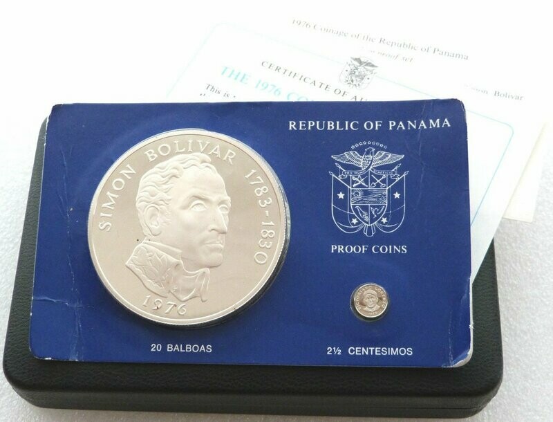 1976 Panama Simon Bolivar 20 Balboa 2.5 Centesimos Silver Proof 2 Coin Set