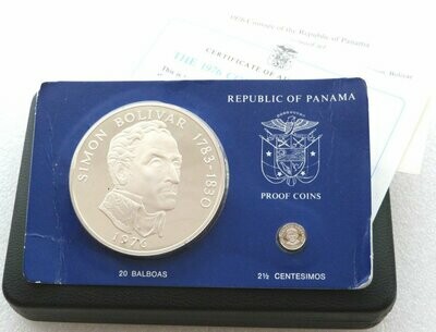1976 Panama Simon Bolivar 20 Balboa 2.5 Centesimos Silver Proof 2 Coin Set
