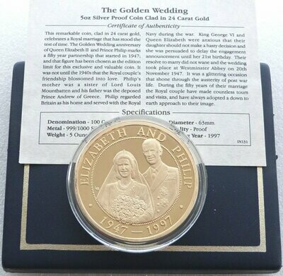 1997 Turks Caicos Golden Wedding 100 Crowns Silver Gold Proof 5oz Coin Box Coa