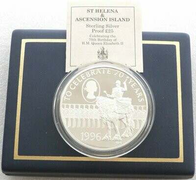 1996 Saint Helena Ascension Islands Queens 70th Birthday £25 Silver Proof 5oz Coin