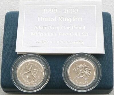 2000 - 1999 Millennium Frosted £1 Silver Matte Proof 2 Coin Set Box Coa