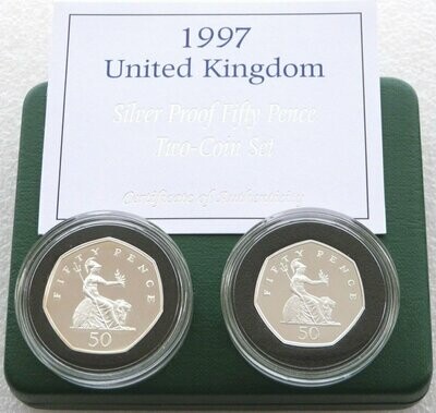 1997 Large and Small Britannia 50p Silver Proof 2 Coin Set Box Coa