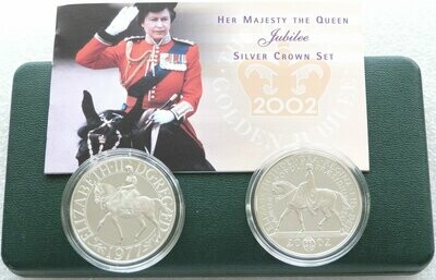 1977 - 2002 Golden Jubilee Silver Proof Crown 2 Coin Set Box Coa