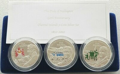 2002 Duke of Wellington 150th Anniversary £5 Silver Proof 3 Coin Set Box Coa