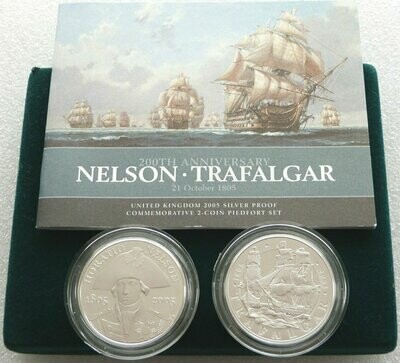 2005 Horatio Nelson Battle of Trafalgar Piedfort £5 Silver Proof 2 Coin Set Box Coa