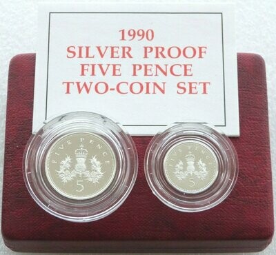 1990 Scottish Thistle 5p Silver Proof 2 Coin Set Box Coa