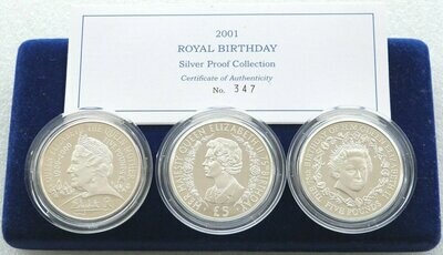 2001 Royal Birthday £5 Silver Proof 3 Coin Set Box Coa
