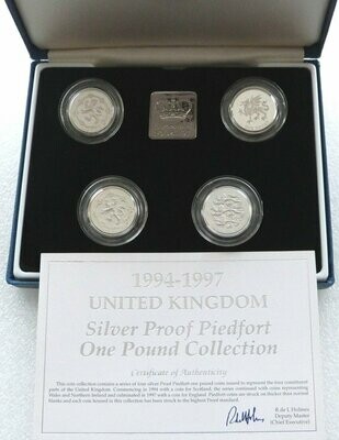 1994 - 1997 United Kingdom Piedfort £1 Silver Proof 4 Coin Set Box Coa