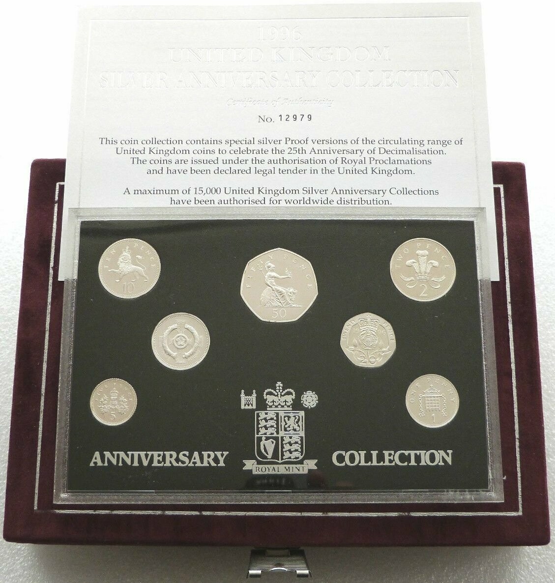 1996 United Kingdom 25th Anniversary of Decimalisation Silver Proof 7 Coin Set Box Coa