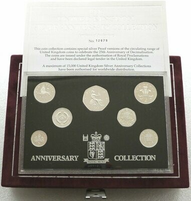 1996 United Kingdom 25th Anniversary of Decimalisation Silver Proof 7 Coin Set Box Coa