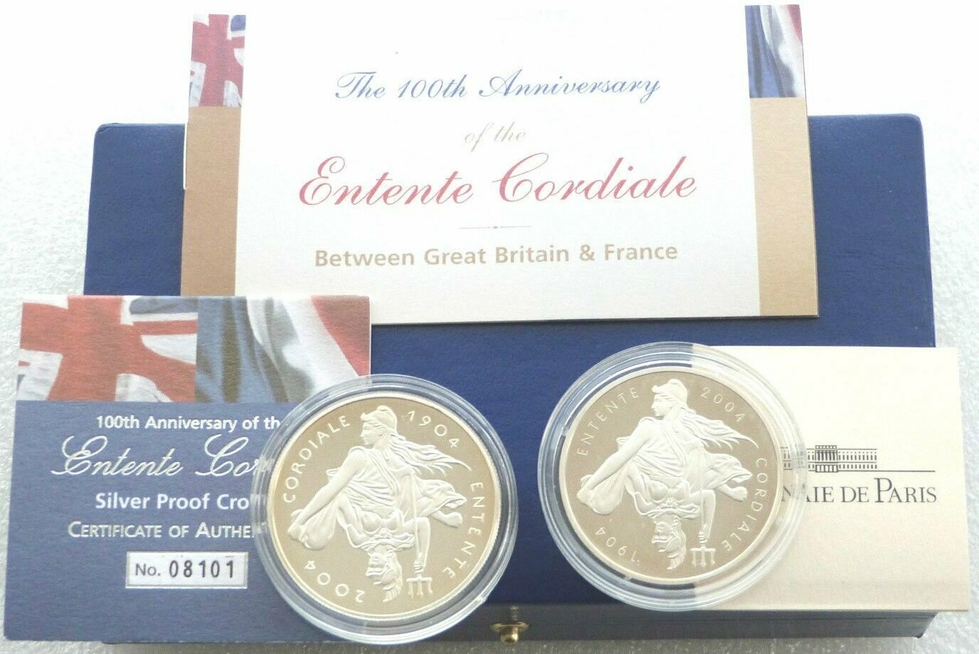 2004 United Kingdom France Entente Cordiale Silver Proof 2 Coin Set Box Coa