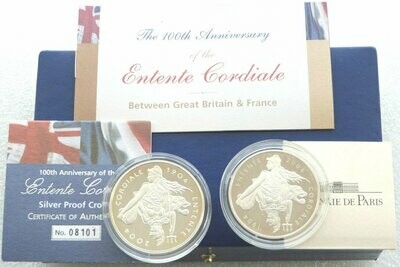 2004 United Kingdom France Entente Cordiale Silver Proof 2 Coin Set Box Coa