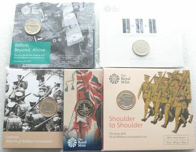 2014 - 2018 First World War Outbreak to Armistice £2 Brilliant Uncirculated 5 Coin Set Packs