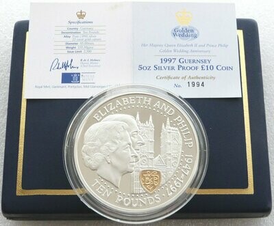 1997 Guernsey Golden Wedding £10 Silver Proof 5oz Coin Box Coa