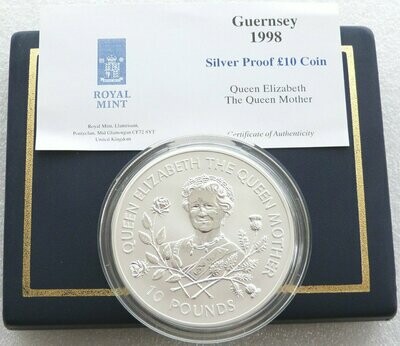 1998 Guernsey Life of Queen Mother £10 Silver Proof 5oz Coin Box Coa