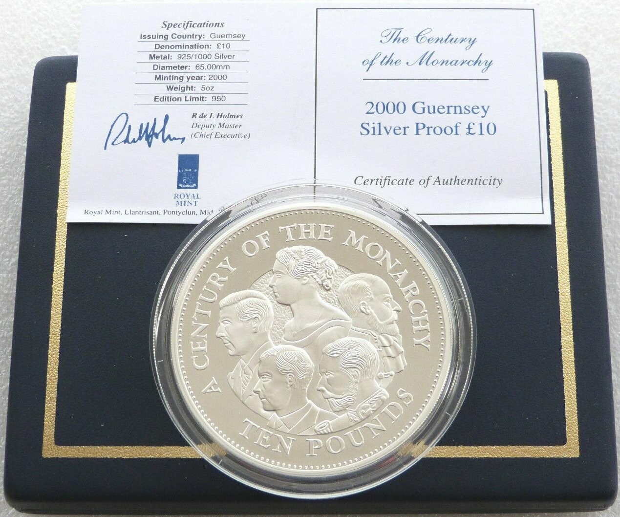 2000 Guernsey Century of the Monarchy £10 Silver Proof 5oz Coin Box Coa