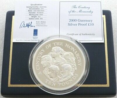 2000 Guernsey Century of the Monarchy £10 Silver Proof 5oz Coin Box Coa