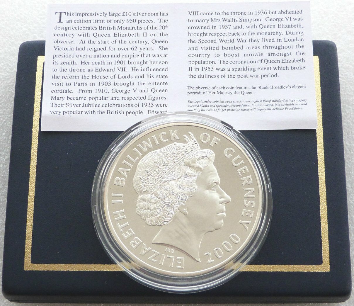 2000 Guernsey Century of the Monarchy £10 Silver Proof 5oz Coin Box Coa