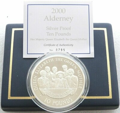 2000 Alderney Queen Mother Centenary £10 Silver Proof 5oz Coin Box Coa