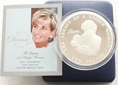 2007 Alderney Lady Diana £10 Silver Proof 5oz Coin Box Coa