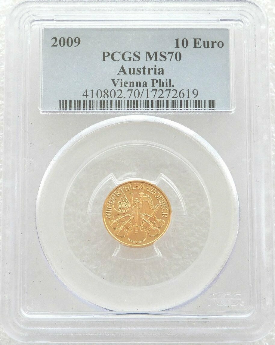 2009 Austria Vienna Philharmonic 10 Euro Gold 1/10oz Coin PCGS MS70