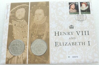 2009 King Henry VIII Elizabeth I £5 Brilliant Uncirculated Coin Set First Day Cover