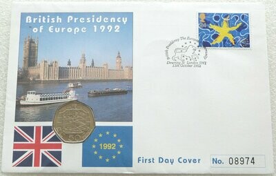 1992 - 1993 European Presidency 50p Brilliant Uncirculated Coin First Day Cover