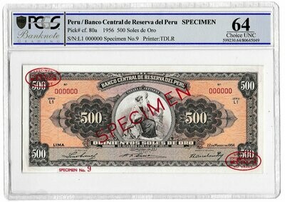 1956 Peru 500 Soles Banknote Specimen P80a Choice Uncirculated 64