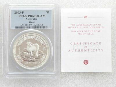 2003-P Australia Lunar Goat $1 Silver Proof 1oz Coin PCGS PR69 DCAM