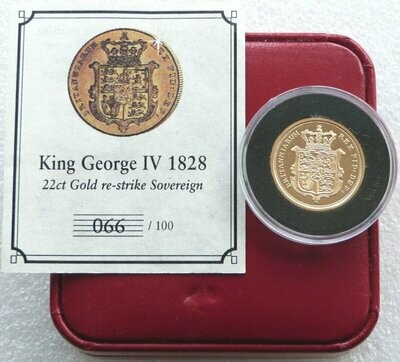 1828 George IV Re-Strike Shield Full Sovereign Gold Proof Coin Box Coa