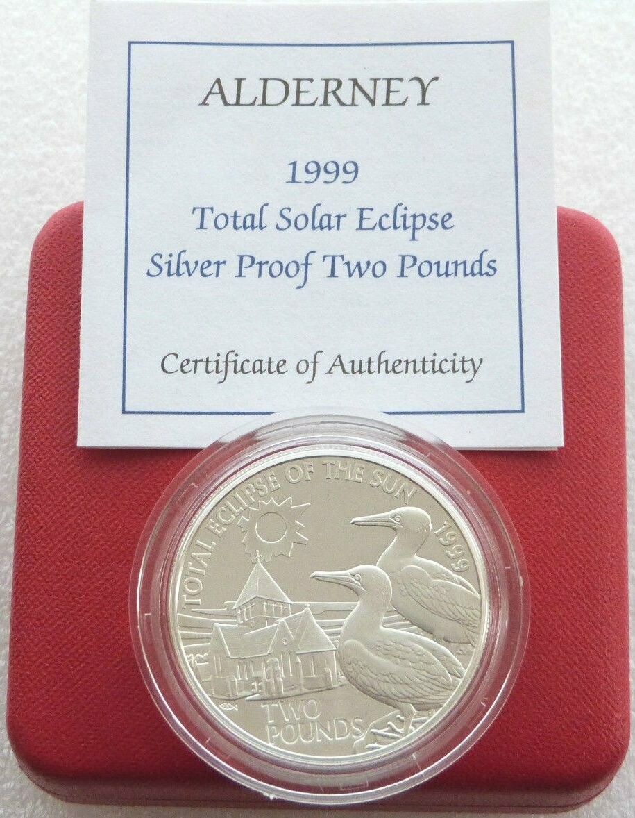 1999 Alderney Total Solar Eclipse of the Sun £2 Silver Proof Coin Box Coa