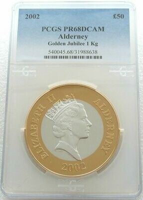 2002 Alderney Golden Jubilee £50 Silver Proof Kilo Coin PCGS PR68