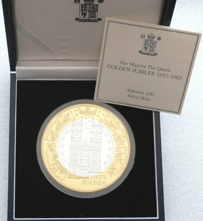 2002 Alderney Golden Jubilee £50 Silver Gold Proof Kilo Coin Box Coa 2002 Alderney Golden Jubilee £50 Silver Gold Proof Kilo Coin Box Coa