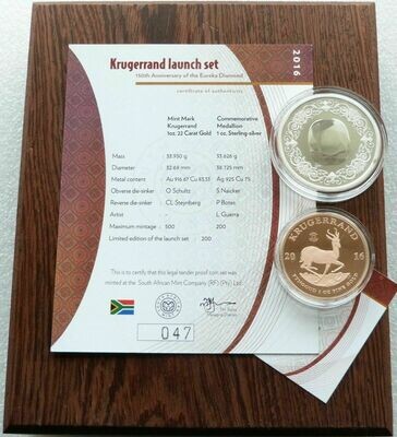2016 South Africa Eureka Diamond Mint Mark Krugerrand Gold Proof 1oz Coin Set Box Coa