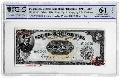 1949 Philippines 2 Pesos Banknote Specimen TDLR P134s3 Choice Unc 64 Details
