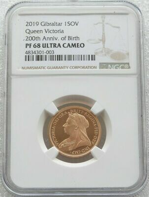 2019 Gibraltar Birth of Queen Victoria Full Sovereign Gold Proof Coin NGC PF68 Ultra Cameo
