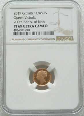 2019 Gibraltar Birth of Queen Victoria Quarter Sovereign Gold Proof Coin NGC PF69 UC