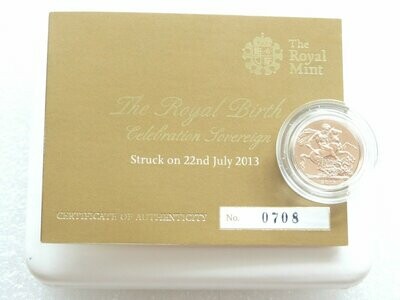 2013 Struck on the Day Prince George Royal Birth Full Sovereign Gold Coin Box Coa