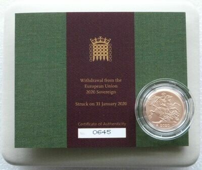 2020 Struck on the Day Withdrawal from the EU Brexit Full Sovereign Gold Matte Coin Box Coa