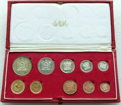 1972 South Africa Long Proof 10 Coin Set - Incl Gold Two Rand and One Rand