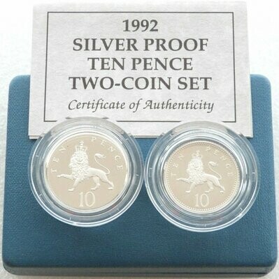 1992 Crowned Lion Passant 10p Silver Proof 2 Coin Set Box Coa