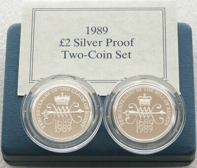 1989 Bill and Claim of Rights £2 Silver Proof 2 Coin Set Box Coa