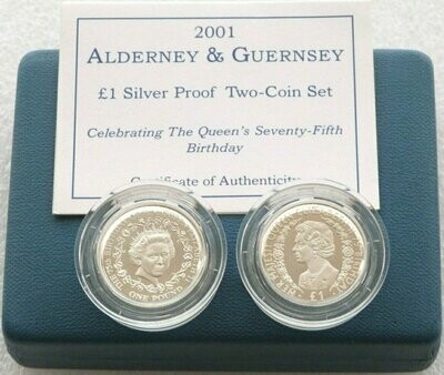 2001 Queens 75th Birthday £1 Silver Proof 2 Coin Box Coa