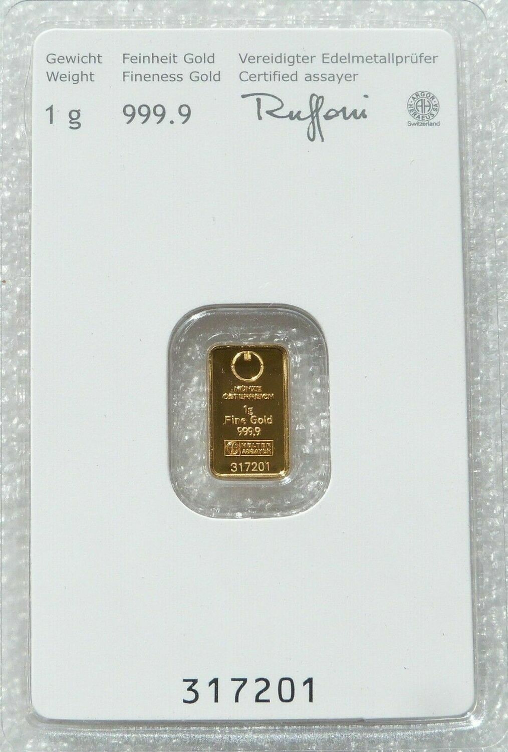 1 Gram Austrian Mint Hologram Kinebar Gold Bar Fine 999.9% Gold