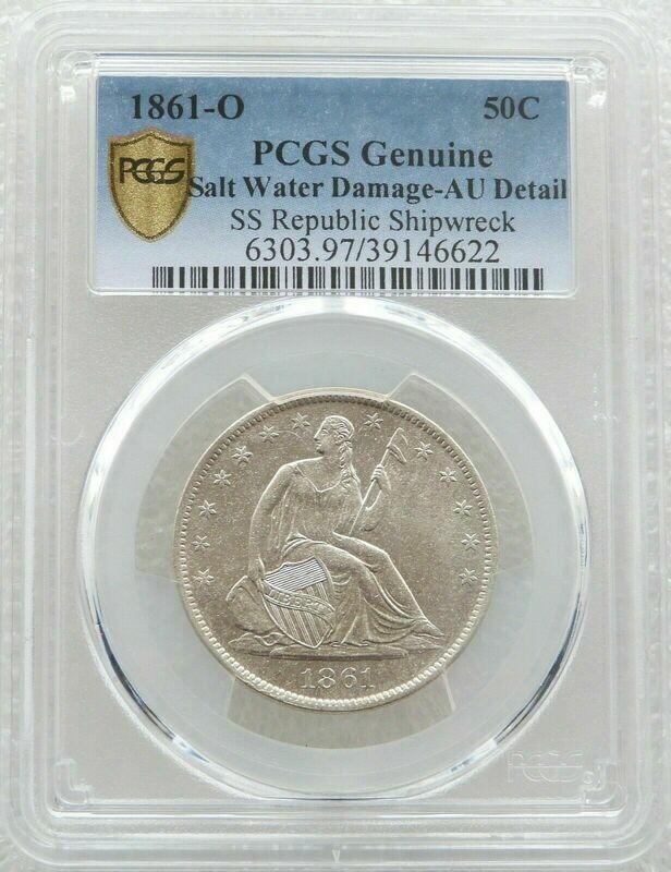 1861-O American SS Republic Shipwreck Liberty Seated 50c Half Dollar Silver Coin PCGS AU Details