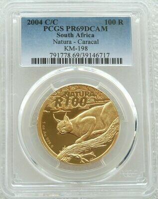 2004-CC South Africa Natura Launch Caracal 100 Rand Gold Proof 1oz Coin PCGS PR69 DCAM